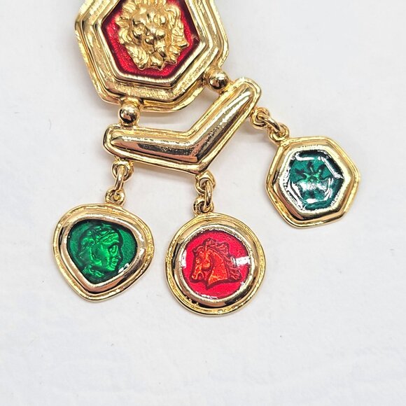 Lion Head Dangle Brooch Red Green Intaglio Medallions Etruscan Gold Tone Pin - Picture 2 of 6